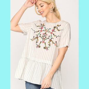 New BluHeaven S 4 6 oversized striped floral embroidery rayon loose tunic top